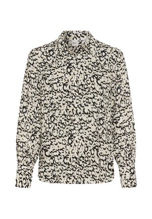 Blouse met luipaardprint in zwart en room, met een kraag, knoopsluiting en lange mouwen met gerimpelde manchetten. Zachte stofstructuur.