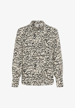 Leopardenmuster-Bluse in Schwarz und Creme, mit einem kragenförmigen Ausschnitt, Knopfverschluss und langen Ärmeln mit gerafften Bündchen. Weicher Stoff.