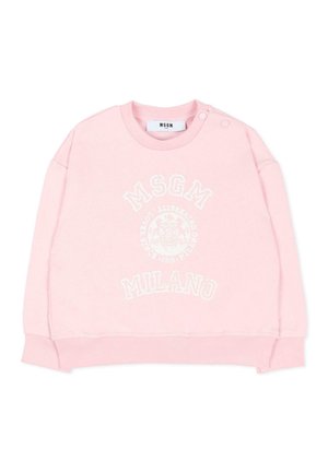 Jasnoróżowa bluza z okrągłym dekoltem i długimi rękawami, logo MSGM Milano w białym kolorze i napy na lewym ramieniu.