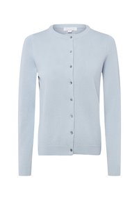 Cardigan bleu clair en tissu tricoté doux avec un col rond, des manches longues et une fermeture boutonnée à l'avant. Doté de boutons assortis et de poignets côtelés.