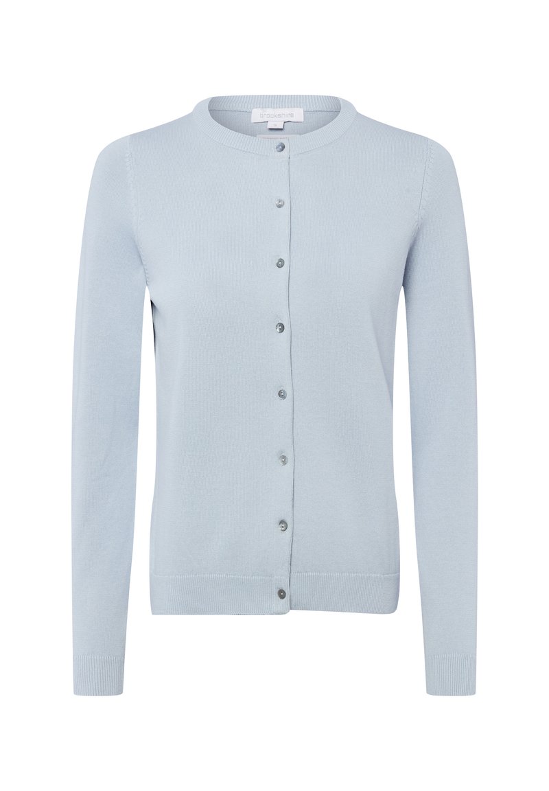 Cardigan bleu clair en tissu tricoté doux avec un col rond, des manches longues et une fermeture boutonnée à l'avant. Doté de boutons assortis et de poignets côtelés.