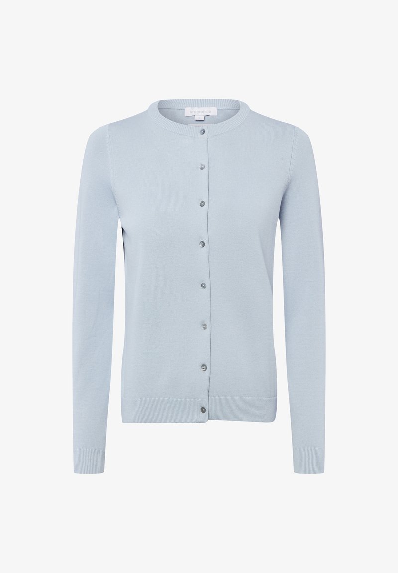 Cardigan bleu clair en tissu tricoté doux avec un col rond, des manches longues et une fermeture boutonnée à l'avant. Doté de boutons assortis et de poignets côtelés.