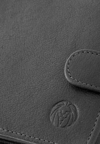 Black leather wallet with a textured finish, featuring a circular embossed lion logo and contrasting stitching on a flap closure.