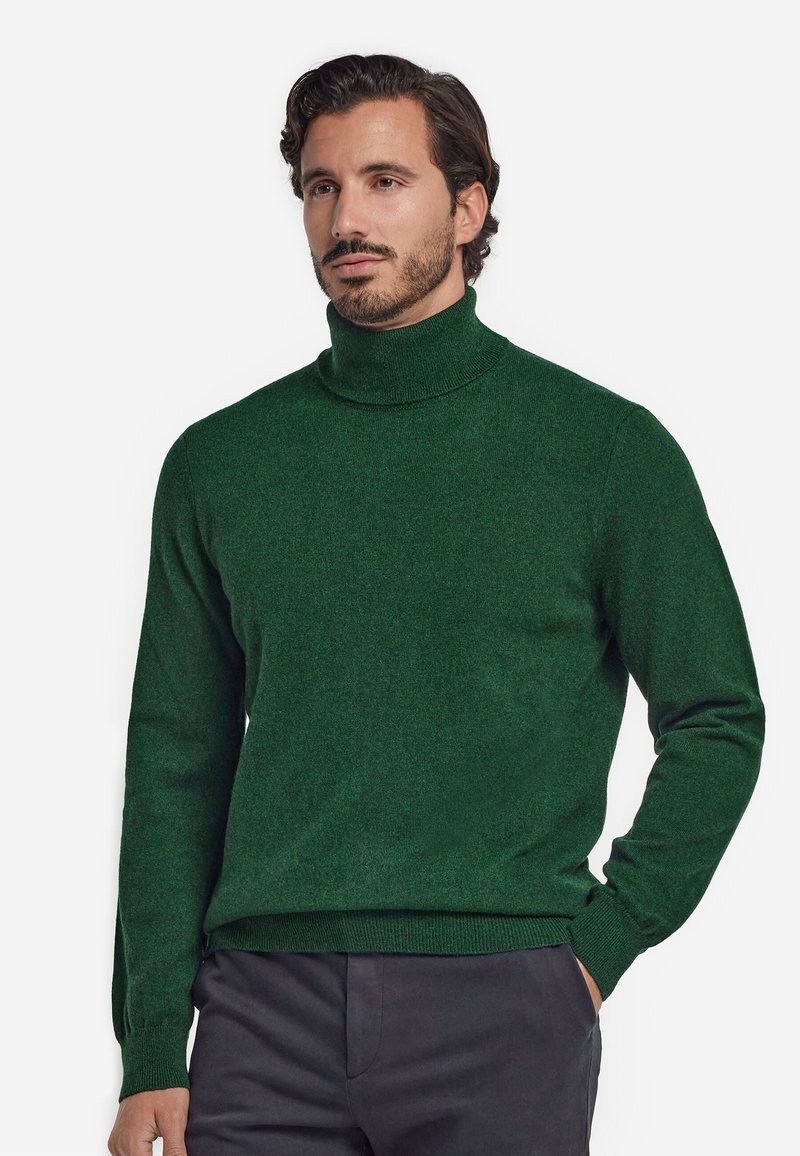 Mand med mørkt hår og skæg iført en grøn rullekravesweater og mørke bukser, stående med den ene hånd i lommen.