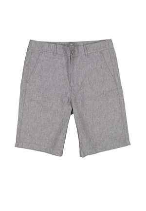 Graue legere knielange Shorts mit vorderer Knopf- und Reißverschluss, Seitentaschen und Gürtelschlaufen, flach auf weißem Hintergrund ausgelegt.