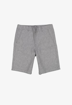 Graue legere knielange Shorts mit vorderer Knopf- und Reißverschluss, Seitentaschen und Gürtelschlaufen, flach auf weißem Hintergrund ausgelegt.