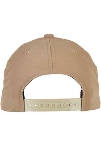 Khaki baseball cap with a rounded crown, black interior, and adjustable beige plastic strap with circular holes for sizing.
