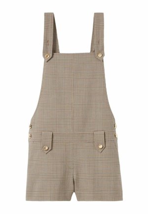 Pichones cortos de cuadro marrón con tirantes ajustables, que presentan botones en tono dorado y bolsillos frontales. Fabricados con un tejido texturizado.