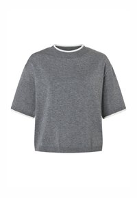 Grauer Kurzarmpullover mit rundem Ausschnitt und weißer Einfassung. Strickstruktur mit gerippten Bündchen und Saumdetails. Entspannte Passform.