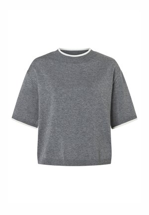 Grauer Kurzarmpullover mit rundem Ausschnitt und weißer Einfassung. Strickstruktur mit gerippten Bündchen und Saumdetails. Entspannte Passform.