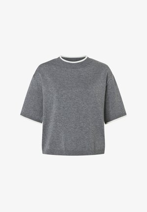 Grijze trui met korte mouwen, ronde hals en witte bies. Gebreide textuur met geribbelde manchetten en zoomdetails. Losse pasvorm.