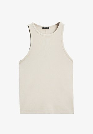 Helles beiges, geripptes Tanktop mit rundem Ausschnitt und ärmellosem Design. Hergestellt aus einem weichen Stoff, mit sauberen Kanten. Keine sichtbaren Muster.