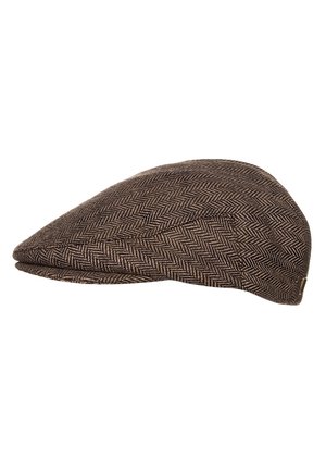 Casquette plate en chevron marron avec une visière courbée et une calotte structurée, fabriquée en tissu texturé.