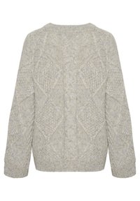 Világosszürke kötött pulóver, textúrált gyémántmintával, ejtett vállvarrásokkal, ribbelt gallérral és mandzsettákkal.