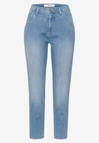 Ljusblå denimjeans, slim fit, med fem fickor, bälteshällor, vanlig midja, framknäppning och subtila slitningar.