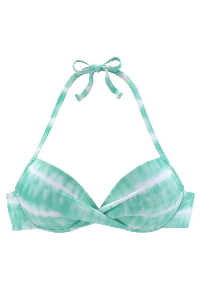 Lichtgroene tie-dye bikini top met gevormde cups, een gedraaid voorontwerp en verstelbare strikjes in de hals en op de rug. Gladde textuur.