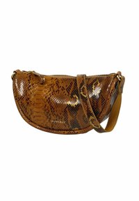 Borsa a tracolla in pelle con motivo in pelle di serpente marrone, con chiusura a zip e il nome del marchio "Burkely" sulla parte anteriore.