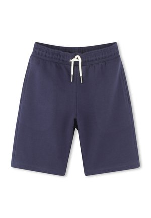 Shorts bleu marine en tissu doux avec une taille élastique, fermeture à cordon et poches latérales. Design simple sans motifs visibles.