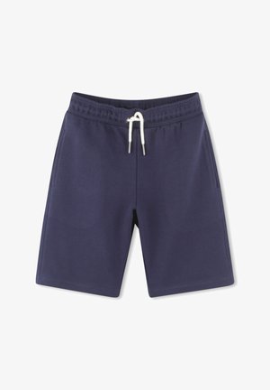 Shorts bleu marine en tissu doux avec une taille élastique, fermeture à cordon et poches latérales. Design simple sans motifs visibles.