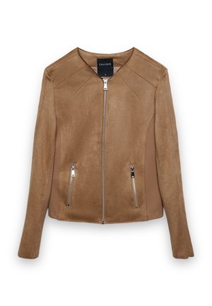 Braune Wildlederjacke mit durchgehendem Frontreißverschluss, zwei Reißverschlusstaschen, langen Ärmeln und rundem Halsausschnitt, Marke "Calliope", Größe klein.