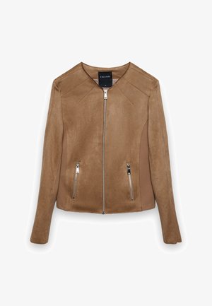 Brown suede jacket with full front zipper, two zippered pockets, long sleeves, and a round neckline, labeled "Calliope" size small.