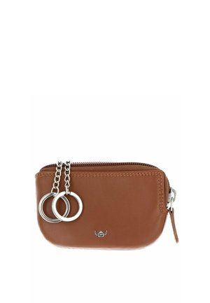 Brown leather zippered coin pouch with two attached silver key rings and a small metal emblem on the front.