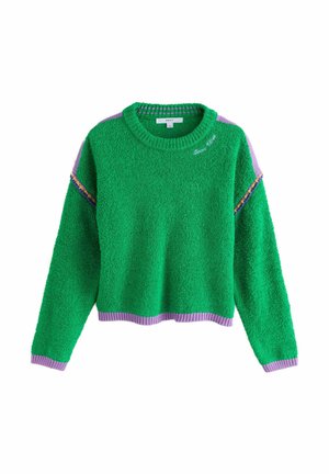 Zöld, bolyhos pulóver lila szegéllyel az ujjvégeken, szegélyen és vállakon, a nyakrésznél pedig hímzett "Good Vibes" felirattal.