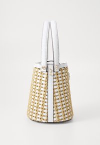 Tkany torebka o wyraźnej formie, z białymi rączkami z syntetycznej skóry, złotymi akcentami i plecioną fakturą. Posiada zapięcie na zamek.