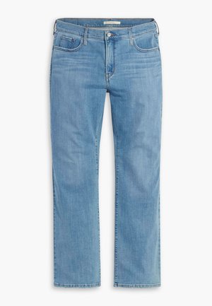 Hellblaue gerade geschnittene Jeans mit fünf Taschen, Knopfverschluss und Gürtelschlaufen, aus Denim mit weicher Textur und dezenter Ausbleichung.