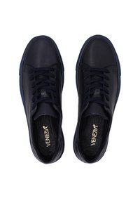 Navy leather sneakers with round toe, five eyelet lace-up closure, smooth texture, and logo detail on the insole.