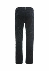 Zwarte corduroy broek met een recht model, voorzien van twee achterzakken en een subtiele textuur. Inclusief een klein stiksel detail bij de tailleband.