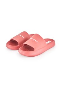 Pink rubber slide sandals with an open toe and flat sole. Features white logo lettering on the strap. Smooth texture, minimal design.