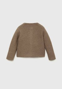 Rjav pleten sv sweater z dolgimi rokavi, okroglo ovratnikom in teksturiranim vzorcem. Zadaj je enostaven in ima skrajšan dizajn.