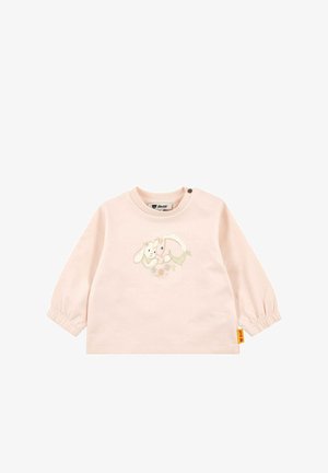 Pink long-sleeve shirt made of cotton, featuring a cute rabbit graphic with floral accents. Includes snap closure at the shoulder.