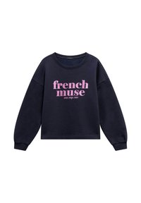Felpa blu navy a maniche lunghe con il testo rosa "french muse one step 1995" stampato sul davanti.