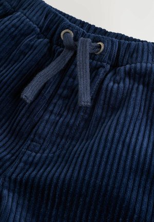 Marineblauwe corduroy broek met een elastische tailleband, met een fijne ribbeltextuur en zilveren oogjesdetail op de tailleband.