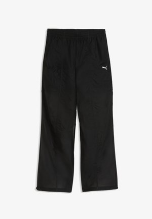 Black athletic pants made of lightweight, textured fabric. Features an elastic waistband and a small white logo on the left leg.