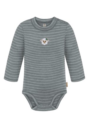 Long-sleeve baby bodysuit in grey and white stripes. Features a sheep embroidery with a green clover. Snap closure at the bottom for easy dressing.