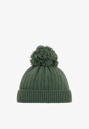 Zeleno pleteno beanie s rebrastim dizajnom in velikim, puhastim pom-pomom na vrhu. Narejeno iz teksturirane volne, ki nudi prilegajoč fit.