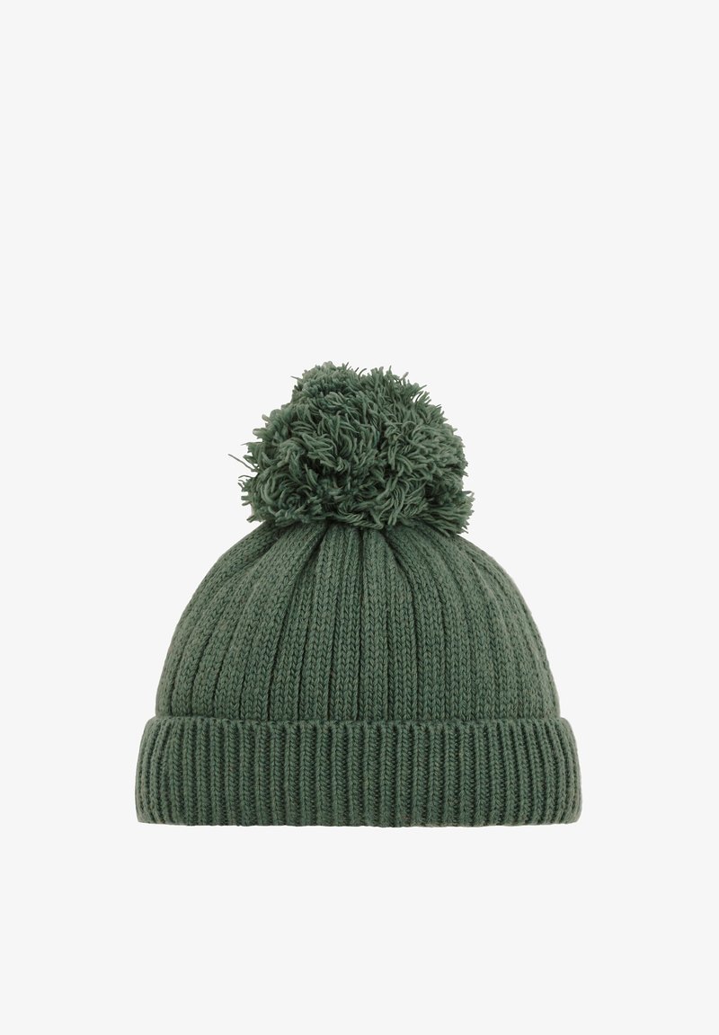 Berretto lavorato a maglia verde con un design a costine e un grande pompon piumoso in cima. Realizzato in materiale di filato texturizzato, offre una vestibilità aderente.