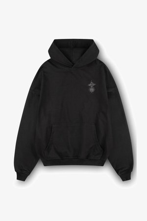 Black hoodie made of soft fabric; features a front pocket and ribbed cuffs; includes a subtle graphic design on the chest.