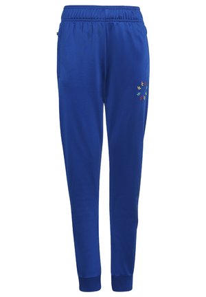 Blaue, schmal zulaufende Jogginghosen mit elastischem Bund und Bündchen an den Knöcheln, mit einem kleinen mehrfarbigen, runden Logo am oberen linken Oberschenkel.