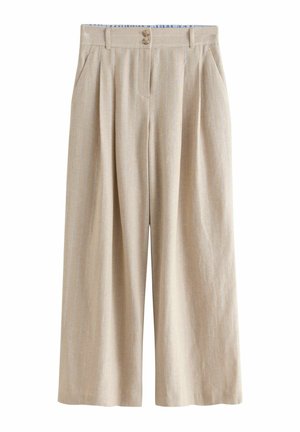 Pantalon beige à jambes larges avec fines rayures verticales claires, plis devant, poches latérales, passants de ceinture et double fermeture à boutons à la taille.