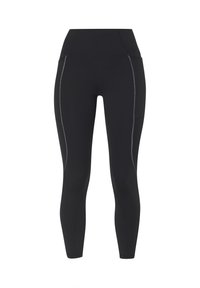 Zwarte leggings met een hoge tailleband, voorzien van contrasterende grijze stiksels langs de zijkanten. Gemaakt van rekbare, gladde stof.
