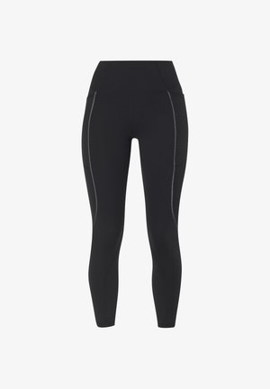 Zwarte leggings met een hoge tailleband, voorzien van contrasterende grijze stiksels langs de zijkanten. Gemaakt van rekbare, gladde stof.