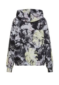 Chaqueta con capucha y patrón floral abstracto en tonos negro, gris y amarillo pálido, con puños elásticos y cintura, vista desde atrás.