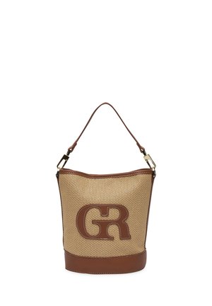 Sac seau tissé avec garniture en cuir marron, muni d'une poignée unique et d'un grand logo "GR" sur le devant.