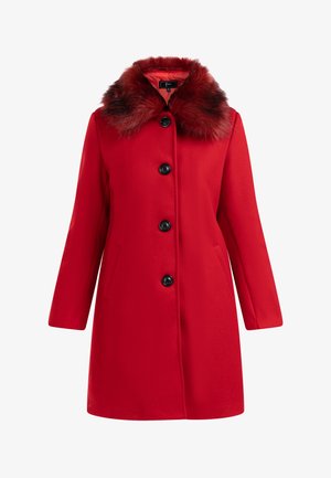 Roter Wollmantel mit einem Kunstpelzkragen, ausgestattet mit schwarzen Knöpfen, langen Ärmeln und Seitentaschen. Glatte Textur und knielanges Design.