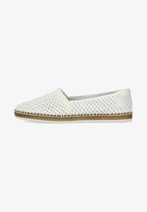 Chaussure blanche à enfiler en tissu tissé avec une tige texturée, une semelle en caoutchouc et une bordure cousue contrastante le long du bord. Présente un accent de logo rond.
