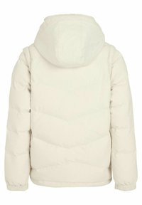 Weißer Daunenjacke mit Kapuze, die ein gestepptes Design und elastische Bündchen aufweist, aus einem glatten, leichten Material gefertigt.